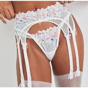 NWT For Love and Lemons Outline White Rainbow Floral Lace Garter Belt size: S